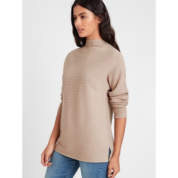 Banana Republic Ribbed Funnel-Neck Sweater Heather Oatmeal NWT Medium - Picture 1 of 11